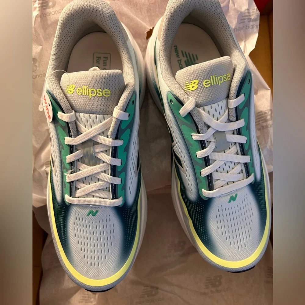 New Balance Ellipse V1 Running Sneakers in Teal, White, Yellow (8 wide)
